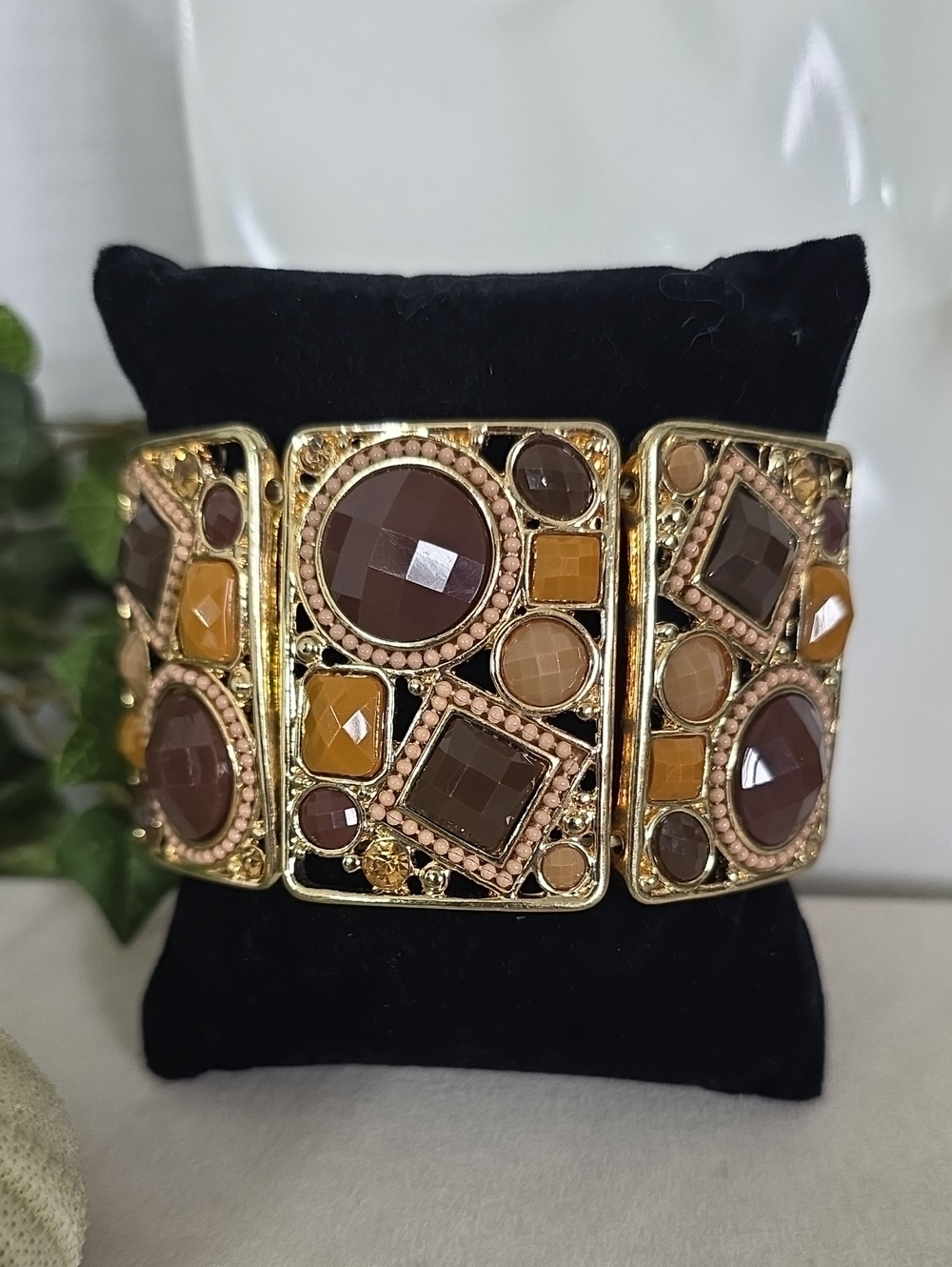 Chunky Gold Earth Tone Mosaic Panel Stretch Cuff Bracelet Brown Amber Topaz